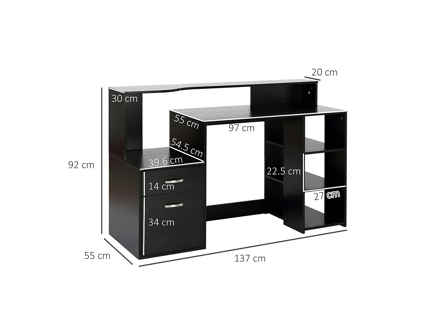 Tapava 137cm Black MDF Office Desk with Shelves Drawers and Printer Stand