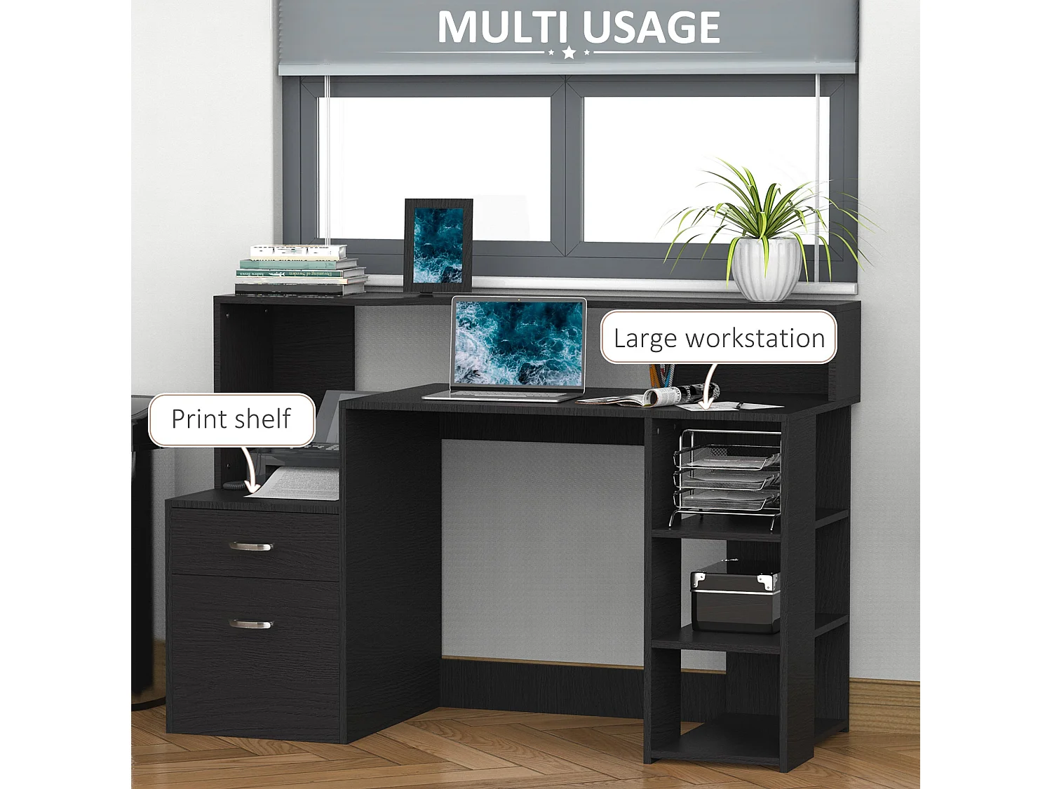 Tapava 137cm Black MDF Office Desk with Shelves Drawers and Printer Stand