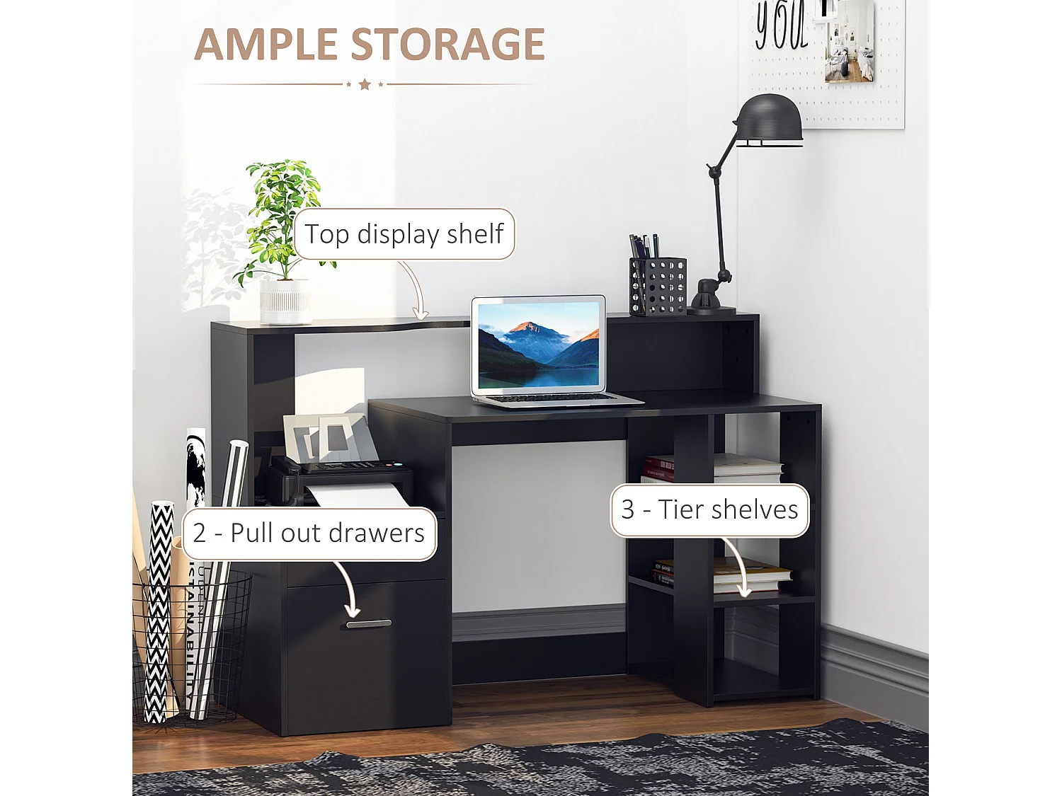 Tapava 137cm Black MDF Office Desk with Shelves Drawers and Printer Stand