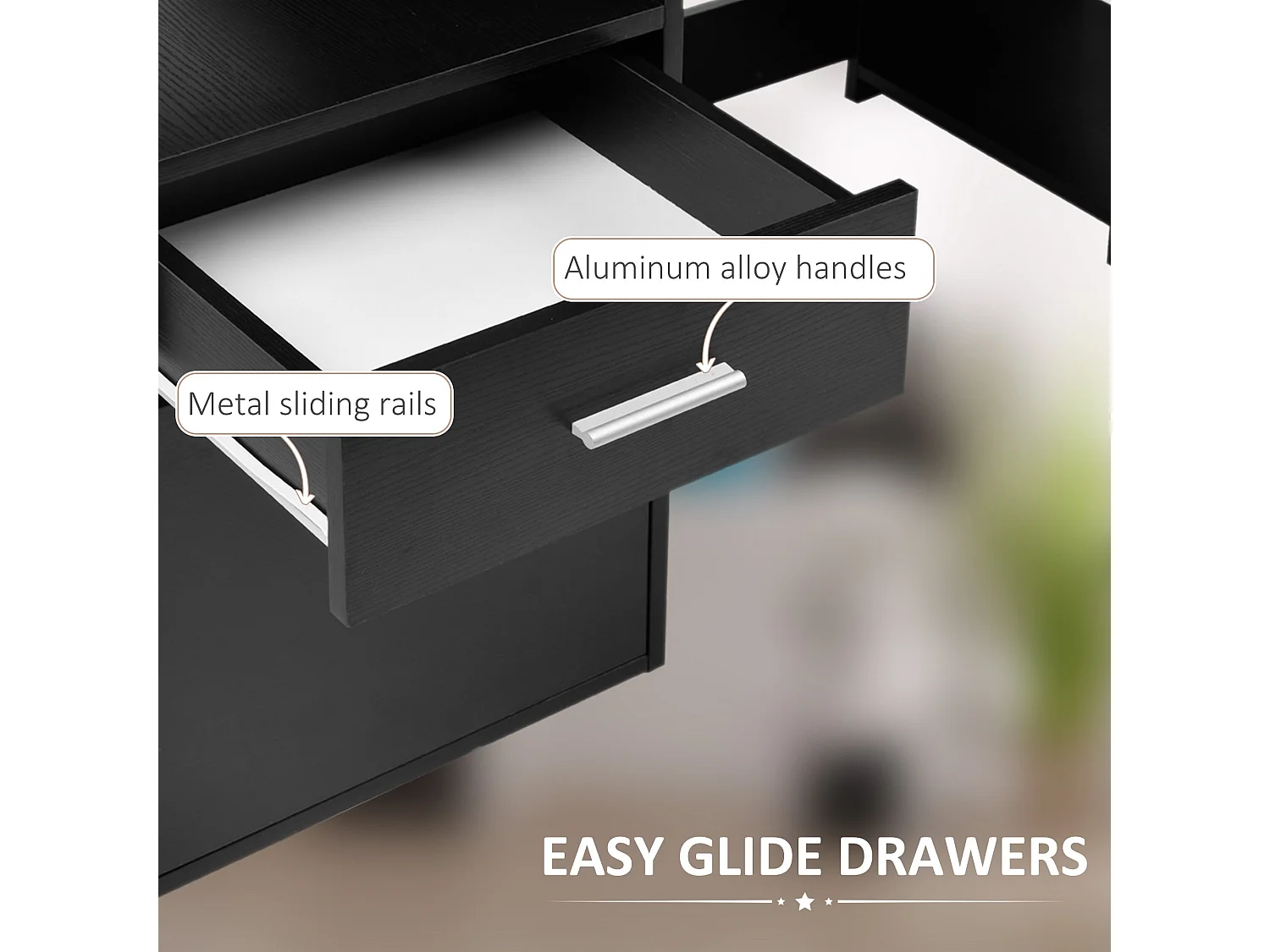 Tapava 137cm Black MDF Office Desk with Shelves Drawers and Printer Stand