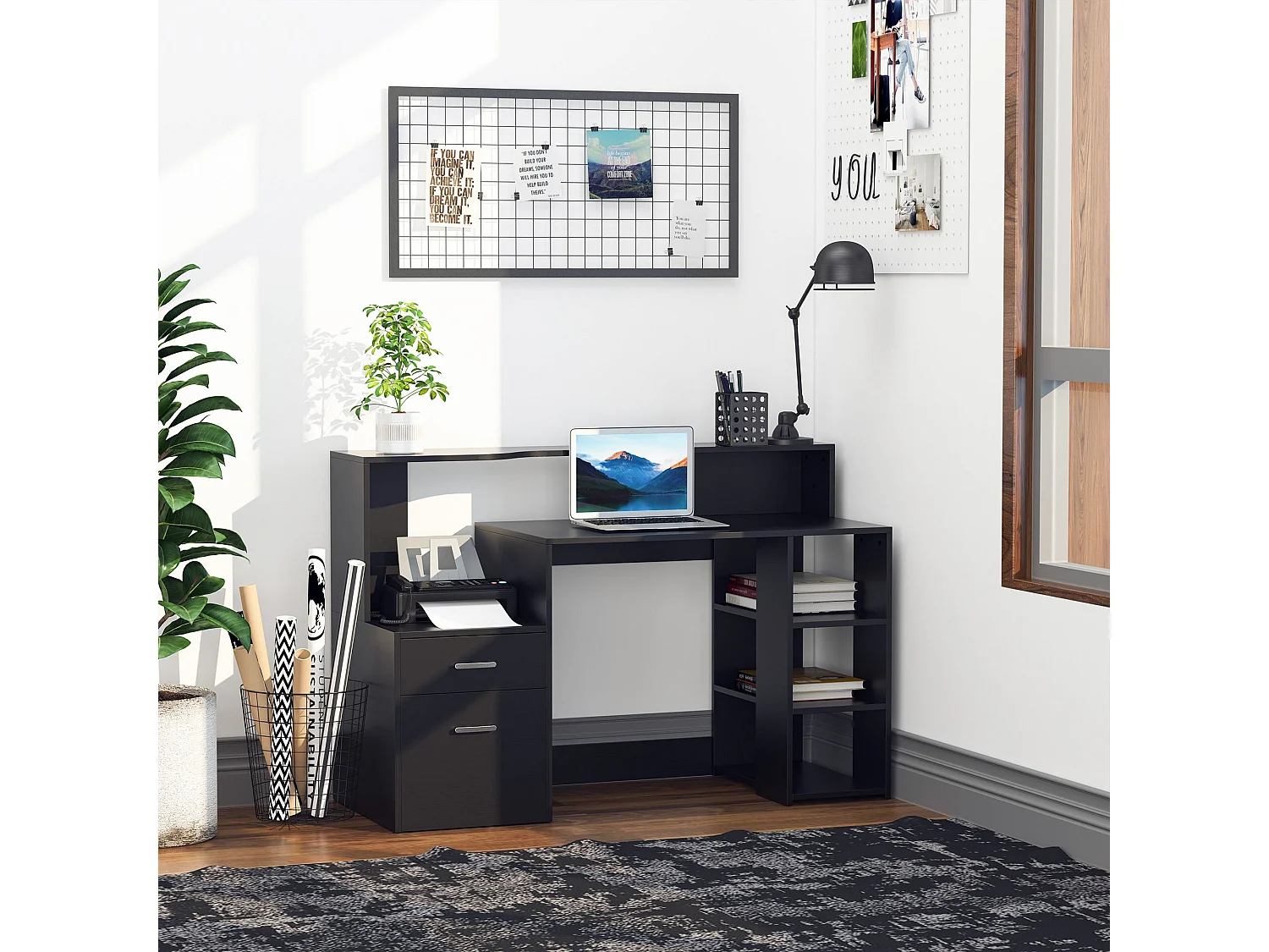 Tapava 137cm Black MDF Office Desk with Shelves Drawers and Printer Stand