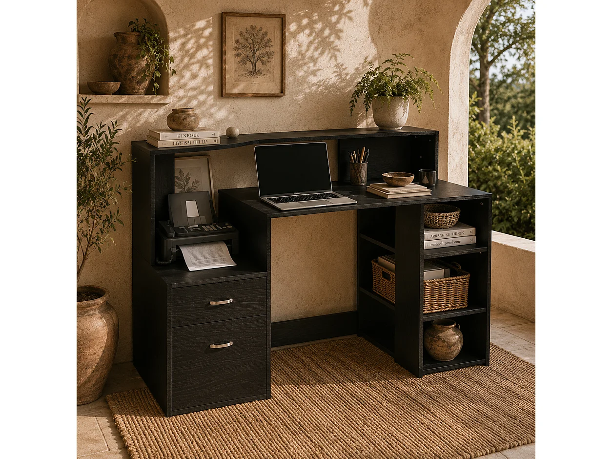 Tapava 137cm Black MDF Office Desk with Shelves Drawers and Printer Stand