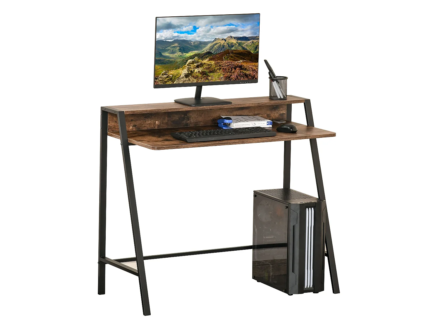 Lune 100cm Rustic Brown Compact Writing Desk with Integrated Storage Shelves