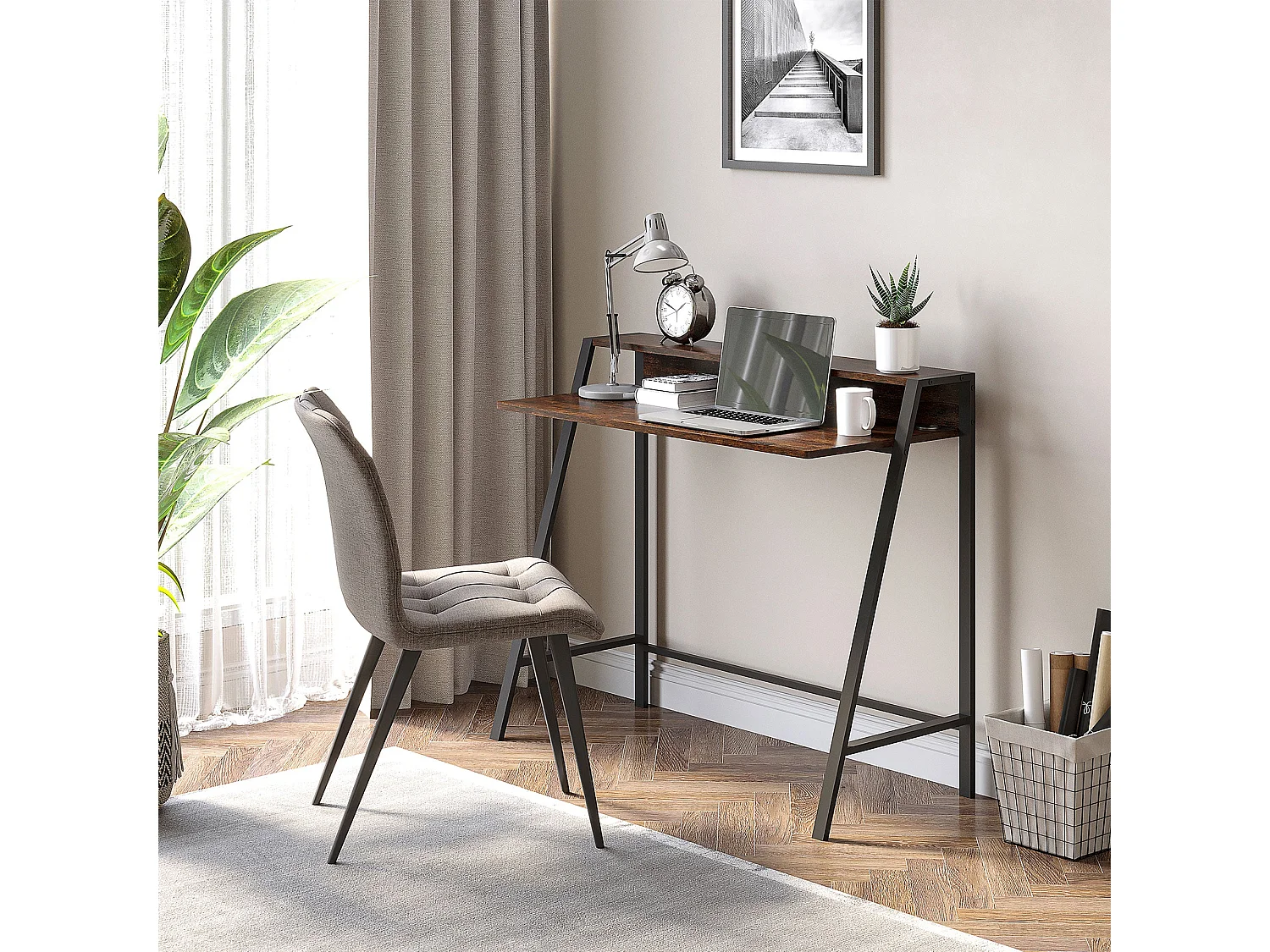 Lune 100cm Rustic Brown Compact Writing Desk with Integrated Storage Shelves