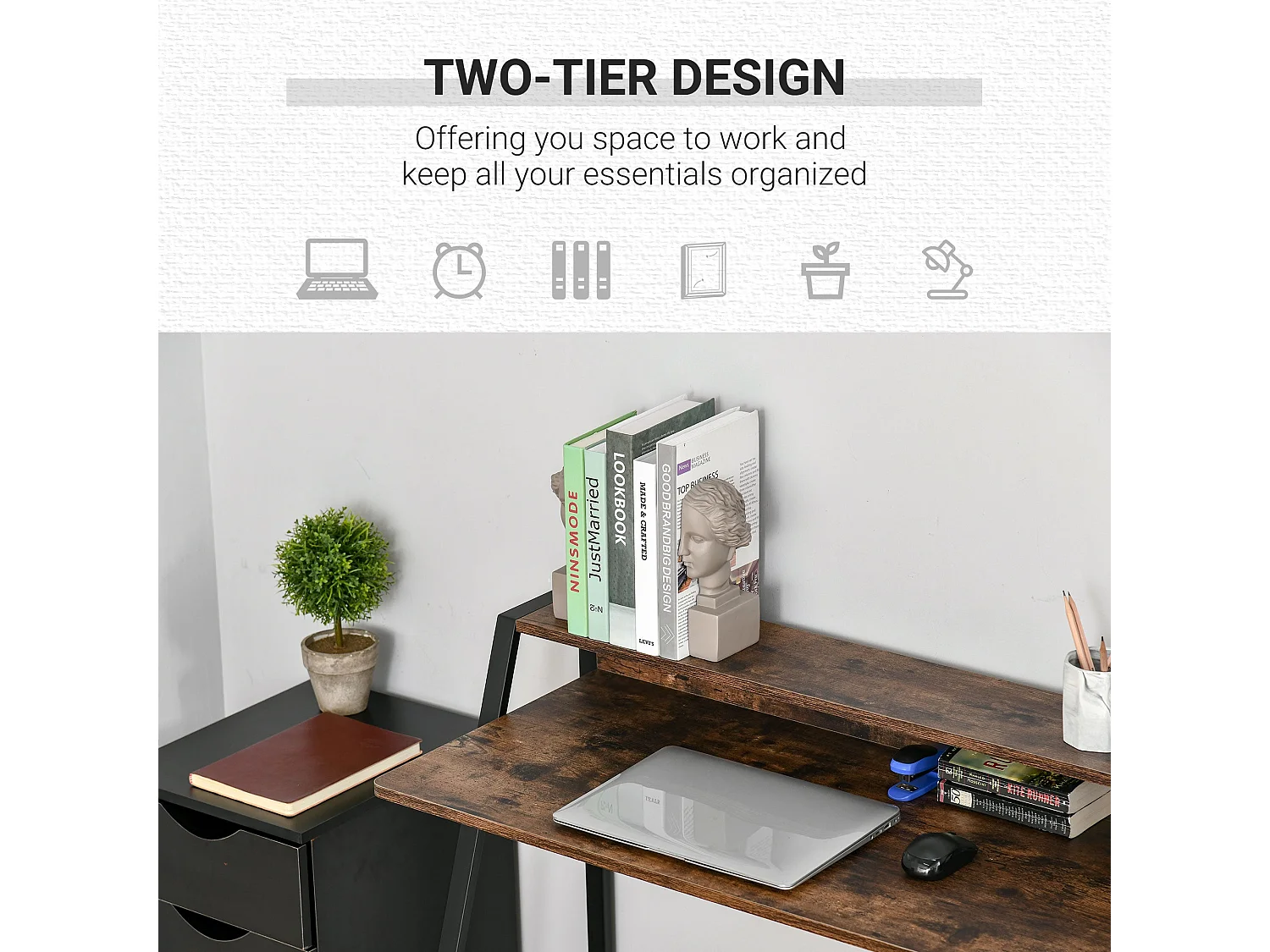 Lune 100cm Rustic Brown Compact Writing Desk with Integrated Storage Shelves