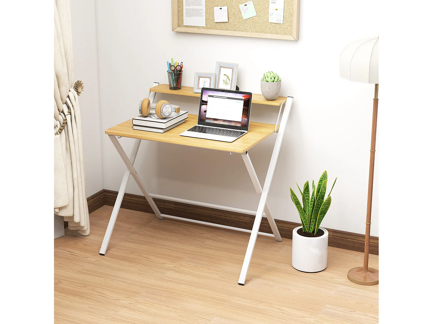 Lune 86cm Maple Wood Effect Folding Desk 2 Tier Storage Shelf