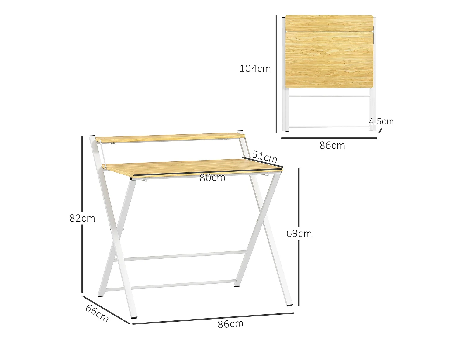 Lune 86cm Maple Wood Effect Folding Desk 2 Tier Storage Shelf