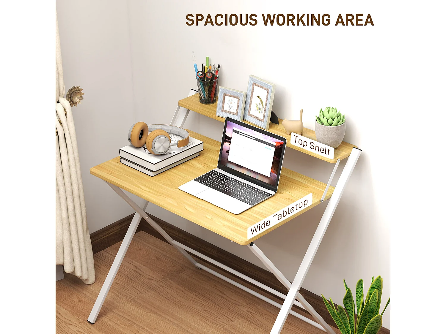 Lune 86cm Maple Wood Effect Folding Desk 2 Tier Storage Shelf
