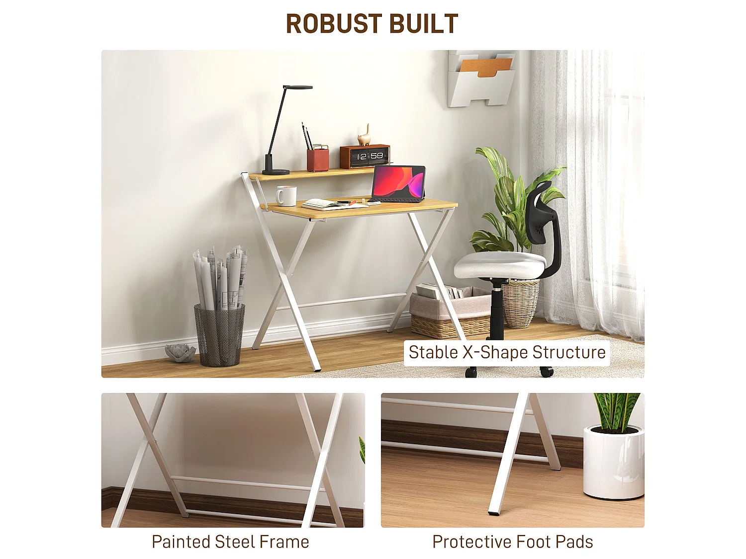Lune 86cm Maple Wood Effect Folding Desk 2 Tier Storage Shelf