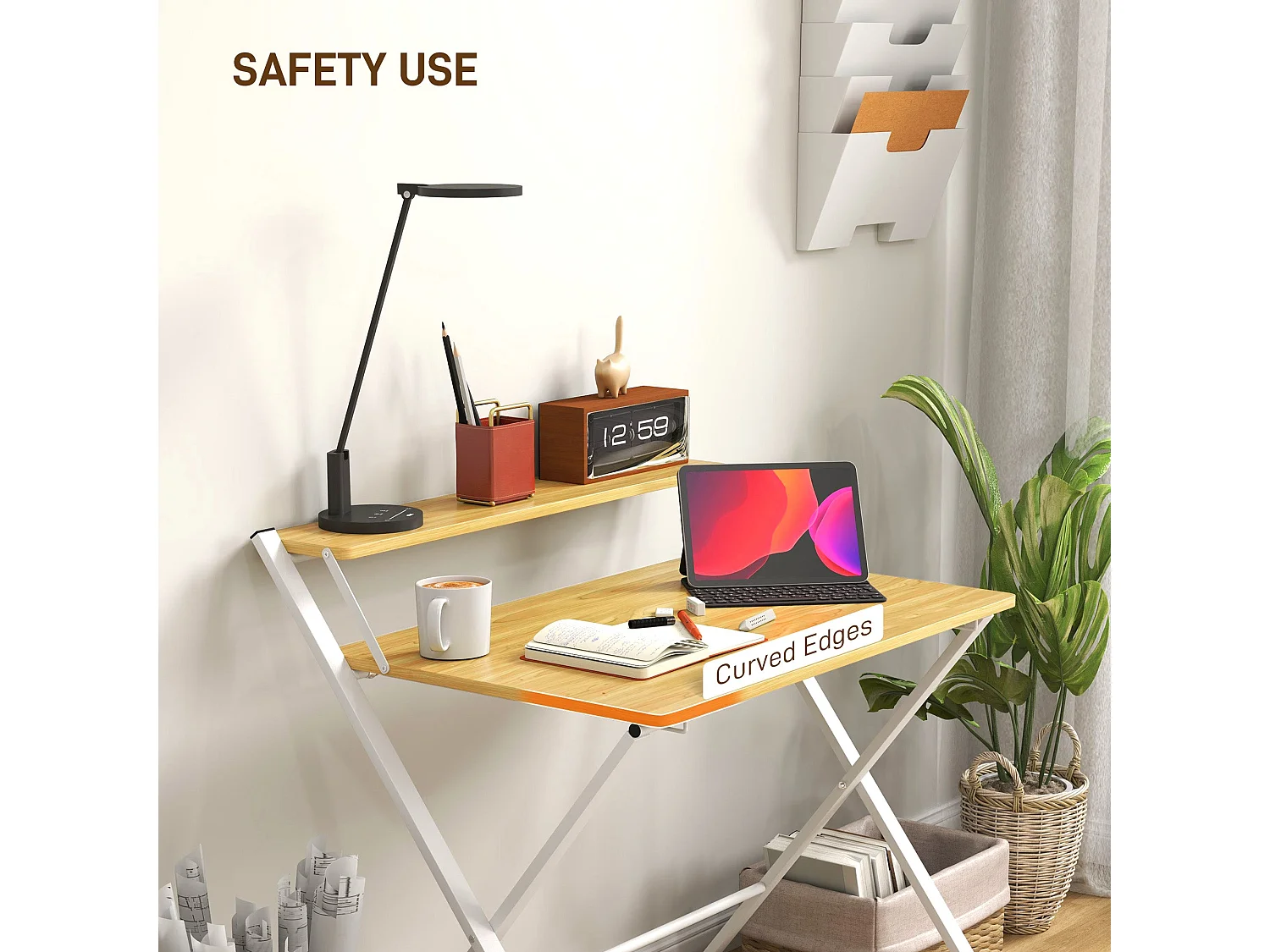 Lune 86cm Maple Wood Effect Folding Desk 2 Tier Storage Shelf