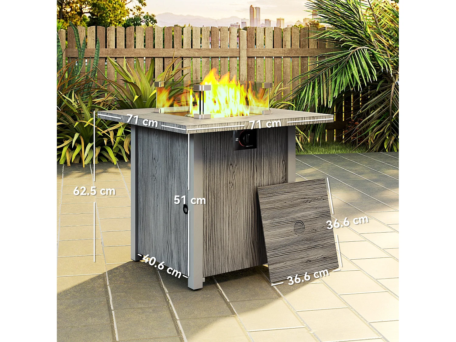 Lenefa Outdoor Gas Fire Pit Table Steel Grey Wood Effect 40000 BTU Square