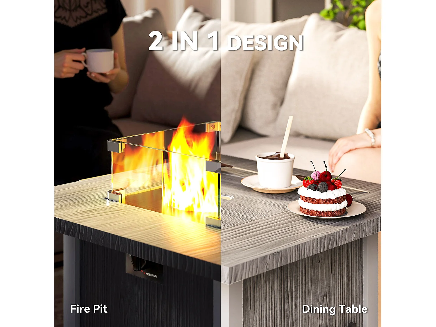 Lenefa Outdoor Gas Fire Pit Table Steel Grey Wood Effect 40000 BTU Square