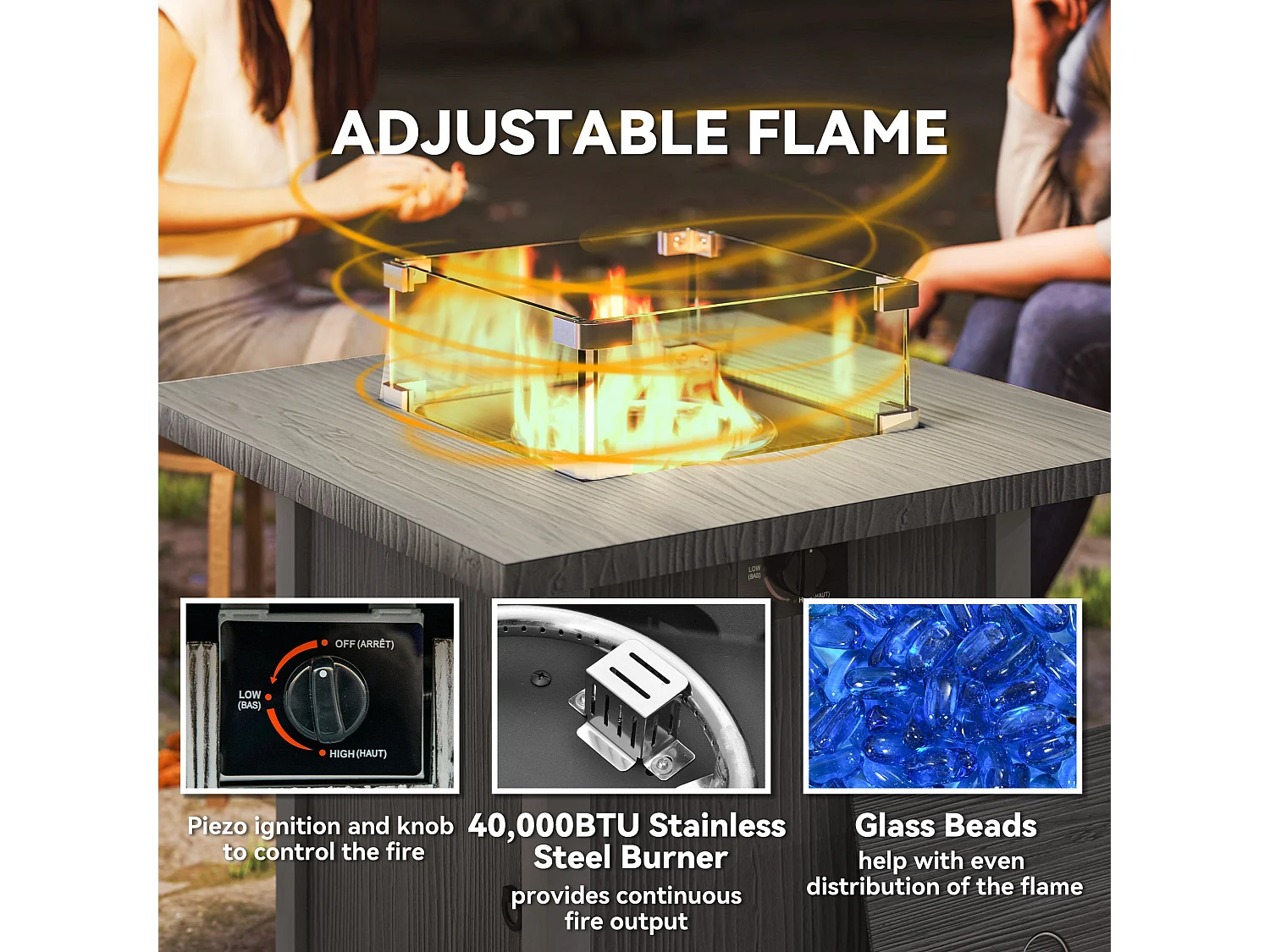 Lenefa Outdoor Gas Fire Pit Table Steel Grey Wood Effect 40000 BTU Square