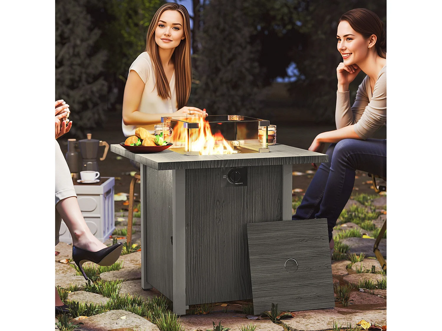 Lenefa Outdoor Gas Fire Pit Table Steel Grey Wood Effect 40000 BTU Square