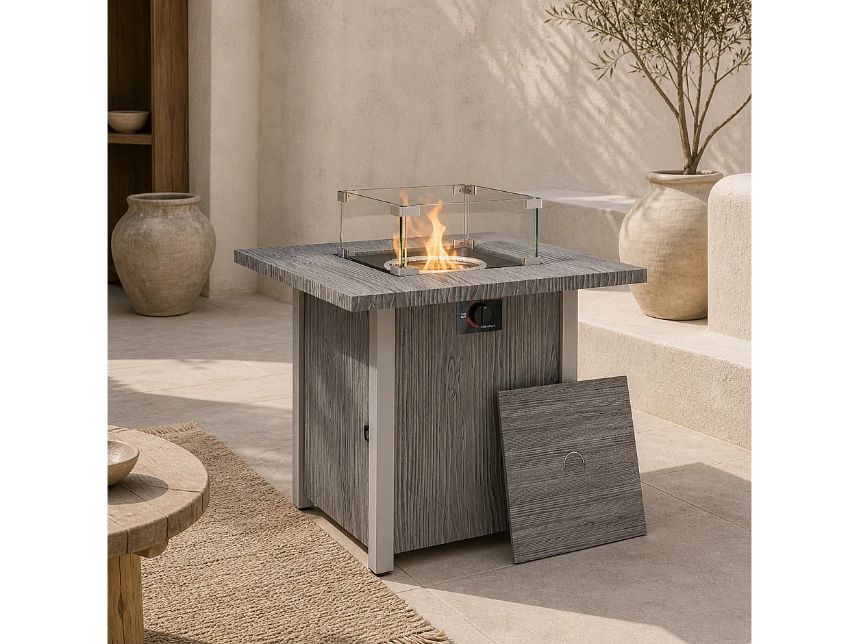 Lenefa Outdoor Gas Fire Pit Table Steel Grey Wood Effect 40000 BTU Square
