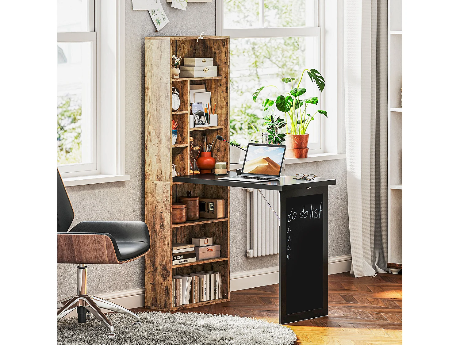Codi 98cm Rustic Brown Folding Desk with Blackboard Panel and Side Shelving