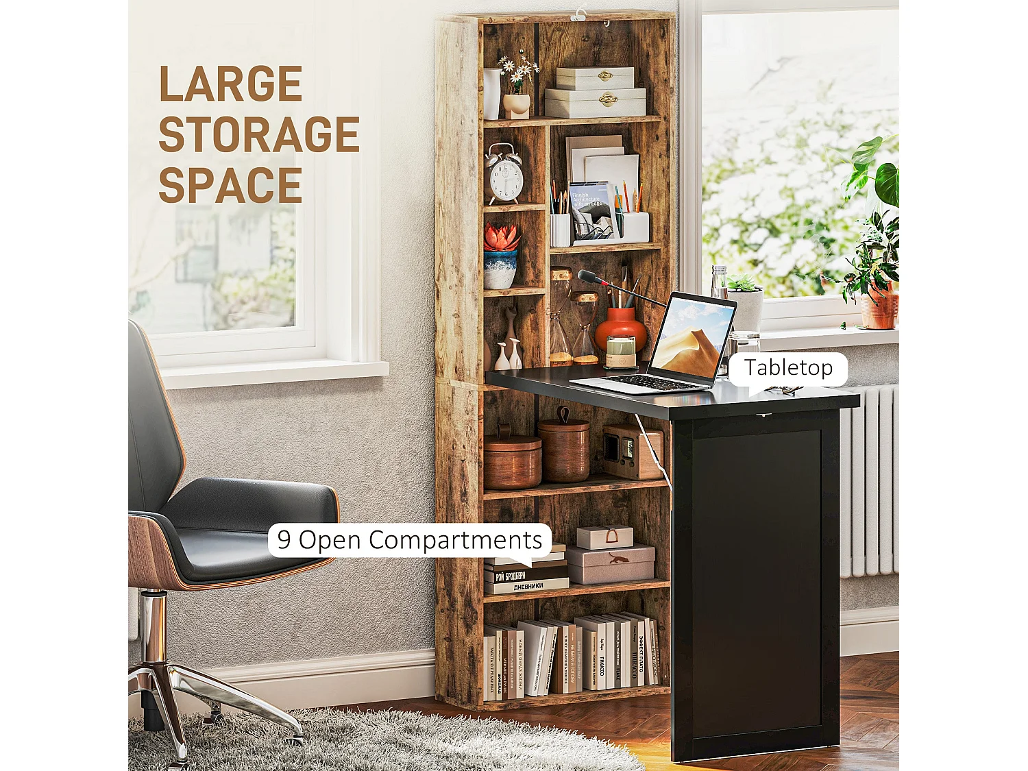 Codi 98cm Rustic Brown Folding Desk with Blackboard Panel and Side Shelving