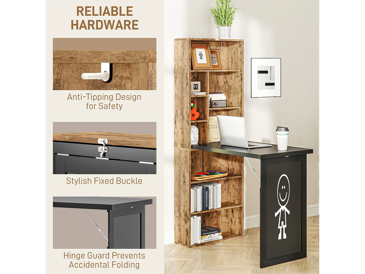 Codi 98cm Rustic Brown Folding Desk with Blackboard Panel and Side Shelving