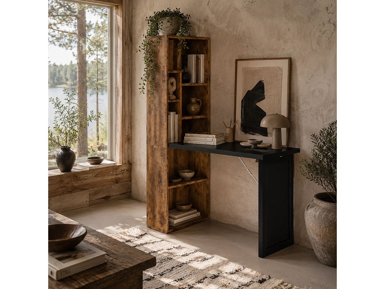 Codi 98cm Rustic Brown Folding Desk with Blackboard Panel and Side Shelving