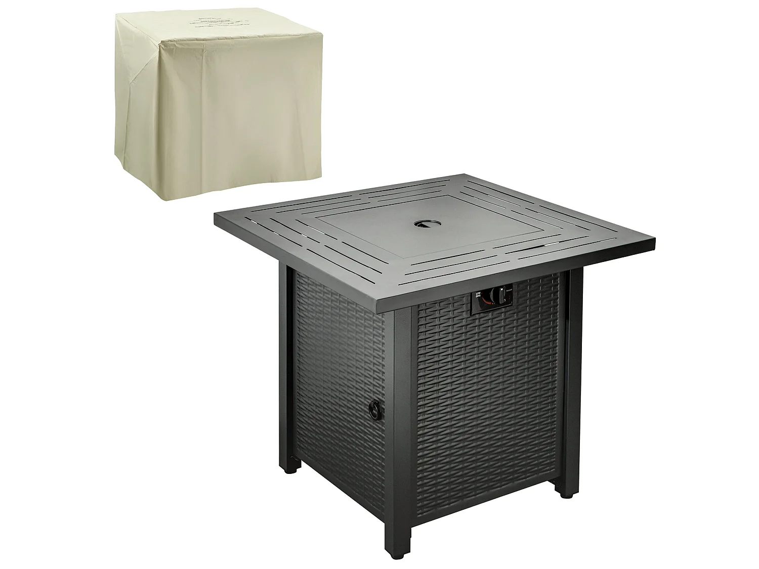 Ellulo Rattan Black Square Propane Gas Fire Pit Table with Cover Glass Beads and Lid