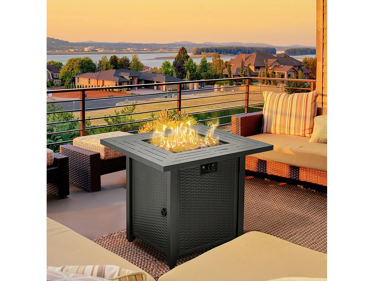 Ellulo Rattan Black Square Propane Gas Fire Pit Table with Cover Glass Beads and Lid