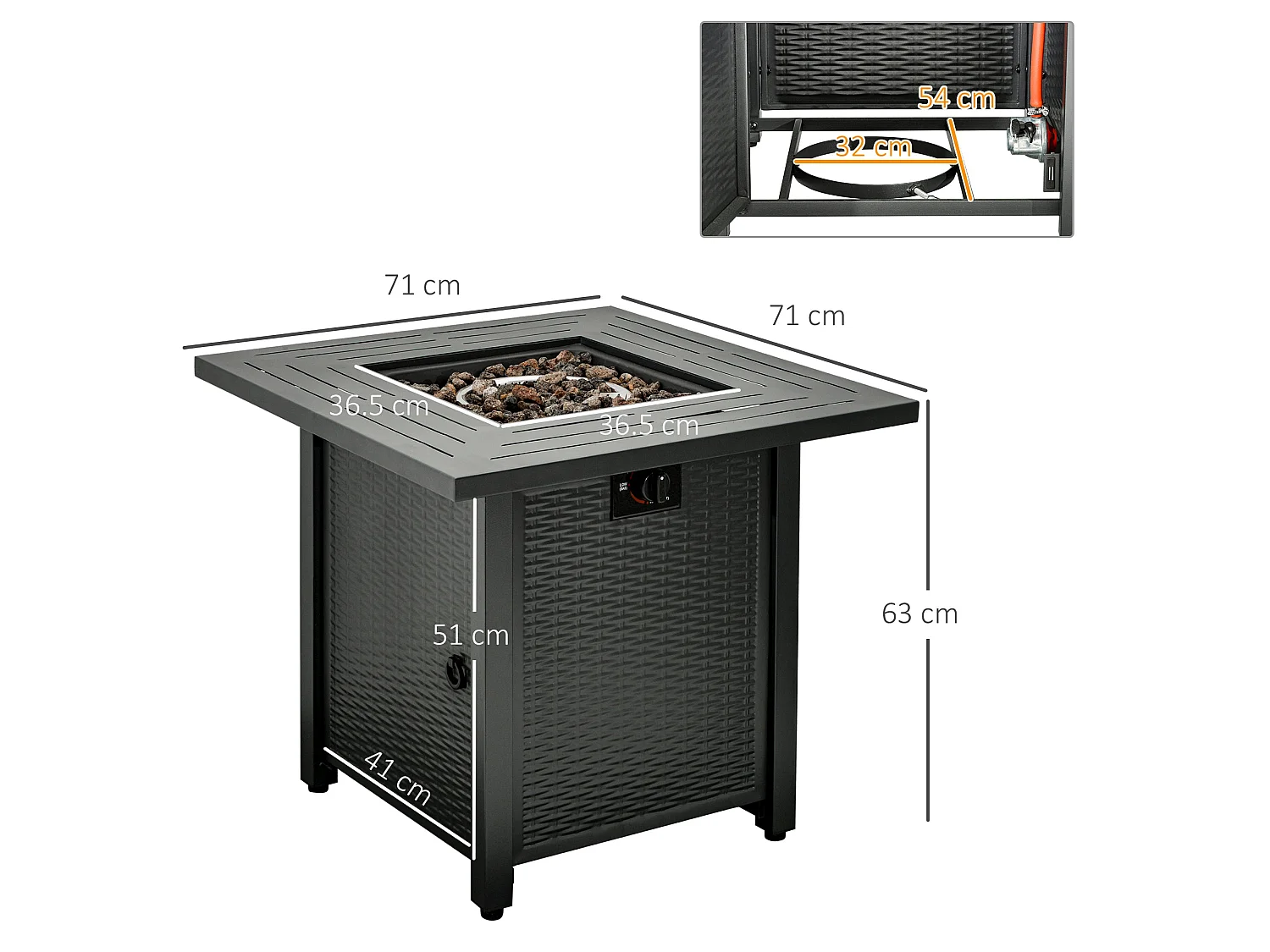Ellulo Rattan Black Square Propane Gas Fire Pit Table with Cover Glass Beads and Lid