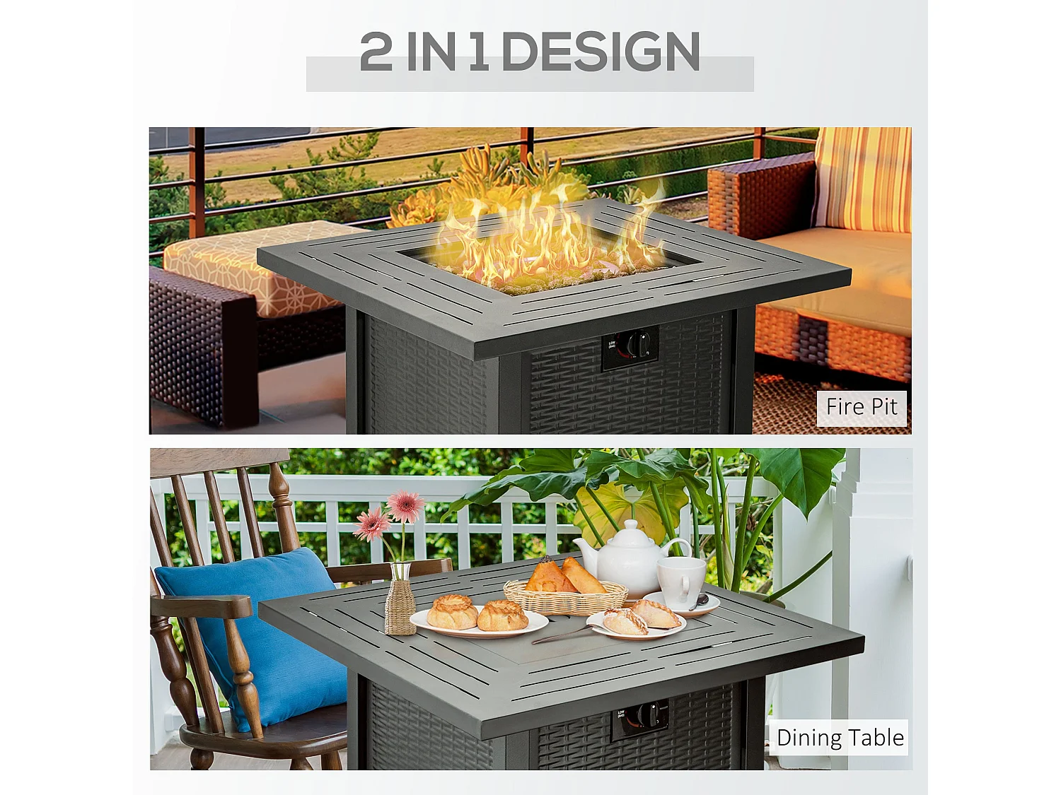 Ellulo Rattan Black Square Propane Gas Fire Pit Table with Cover Glass Beads and Lid