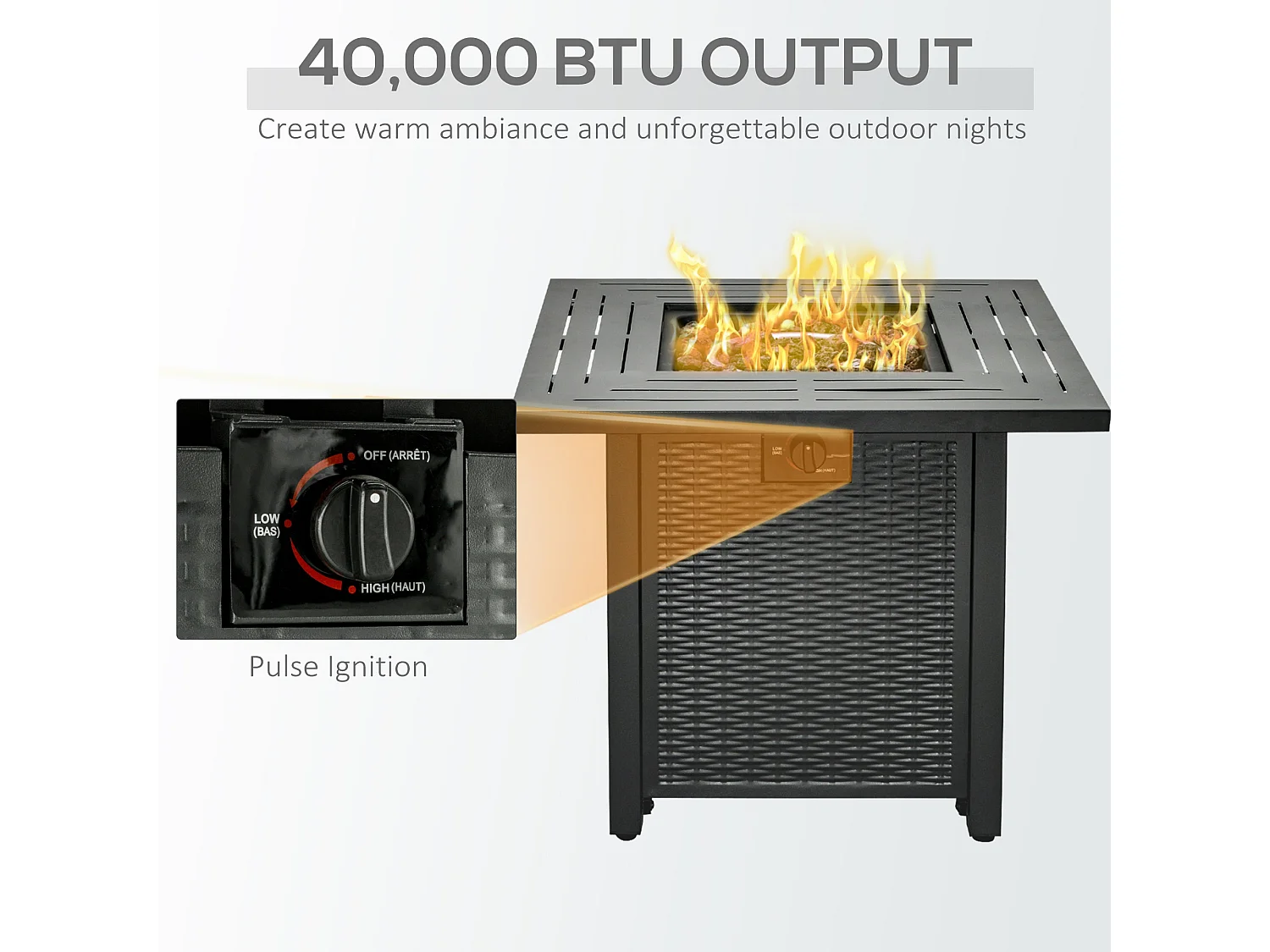 Ellulo Rattan Black Square Propane Gas Fire Pit Table with Cover Glass Beads and Lid
