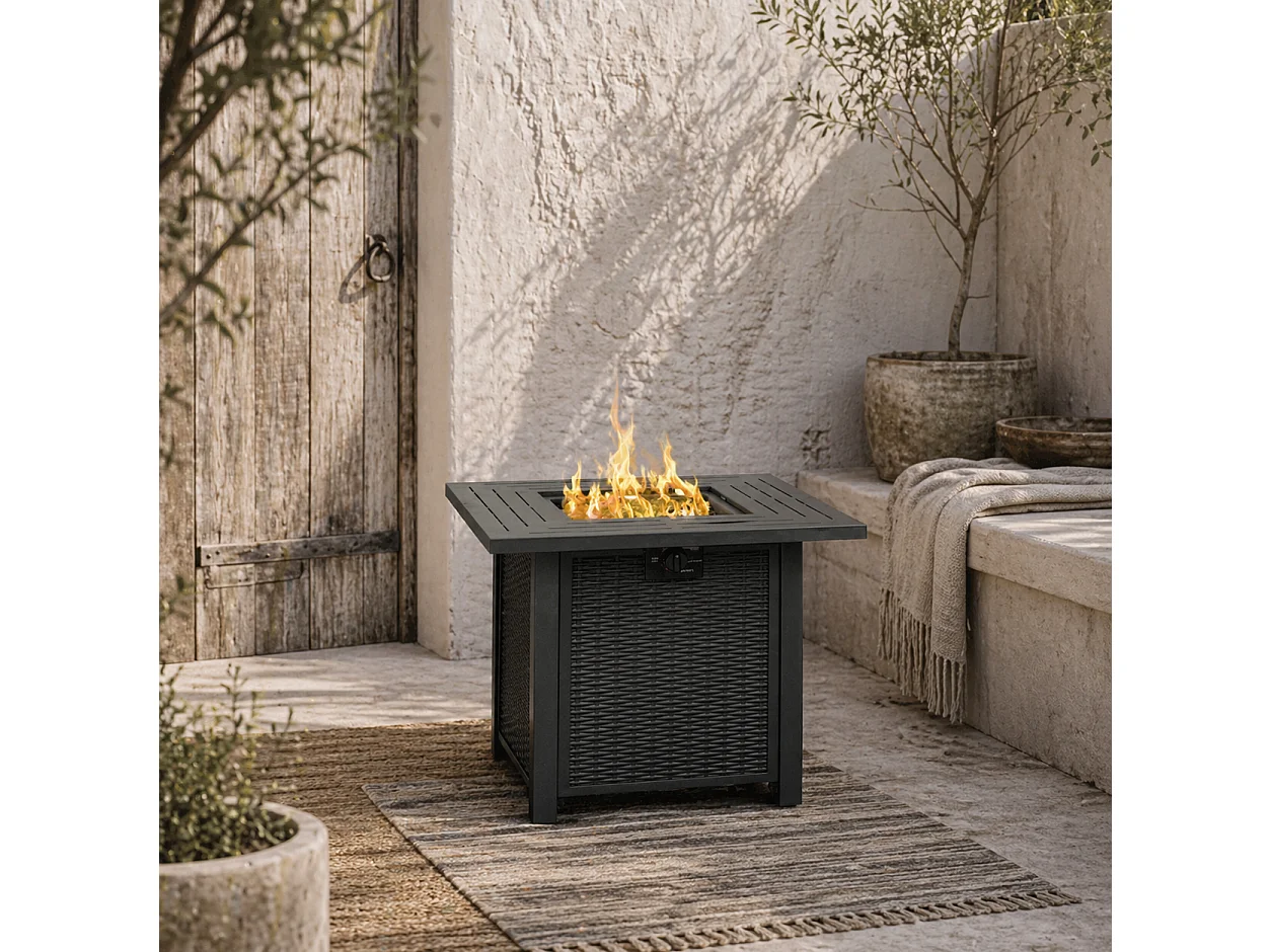 Ellulo Rattan Black Square Propane Gas Fire Pit Table with Cover Glass Beads and Lid