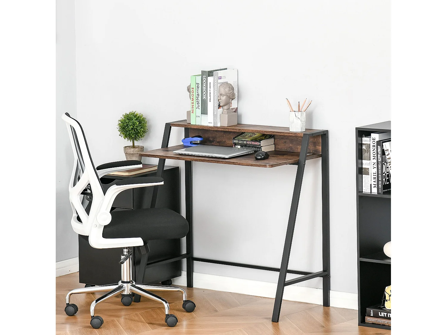 Hala 84cm Rustic Brown Compact Writing Desk with Integrated Storage Shelves