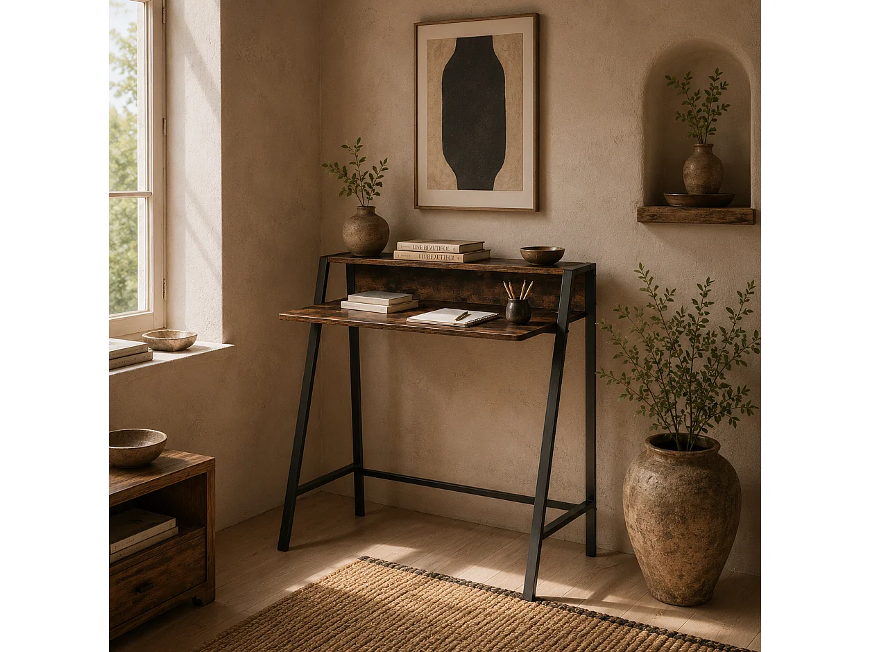 Hala 84cm Rustic Brown Compact Writing Desk with Integrated Storage Shelves