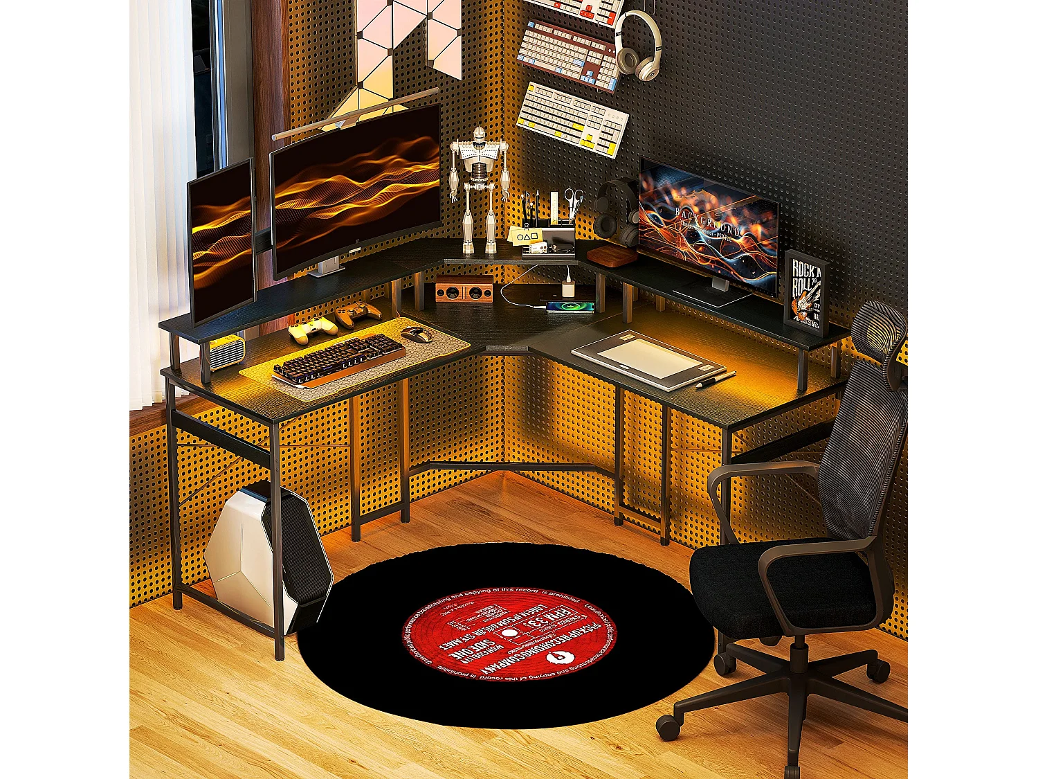 Vevano 138.5cm Black L Shaped Work Desk with Integrated 16 Colour LED Lighting