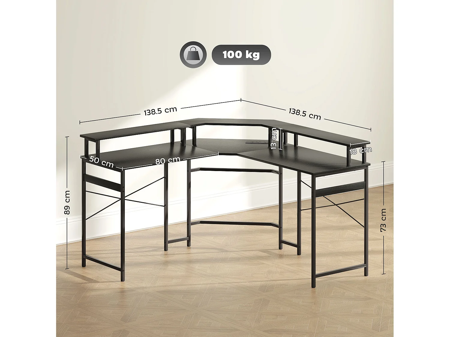 Vevano 138.5cm Black L Shaped Work Desk with Integrated 16 Colour LED Lighting