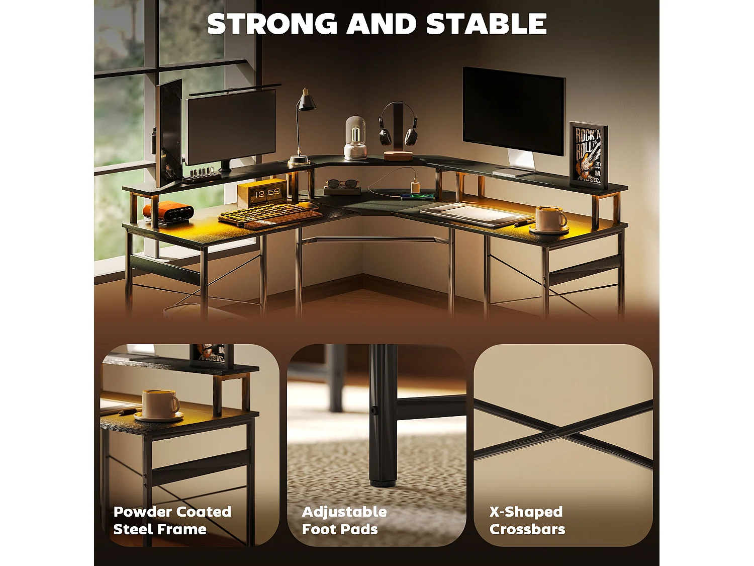 Vevano 138.5cm Black L Shaped Work Desk with Integrated 16 Colour LED Lighting