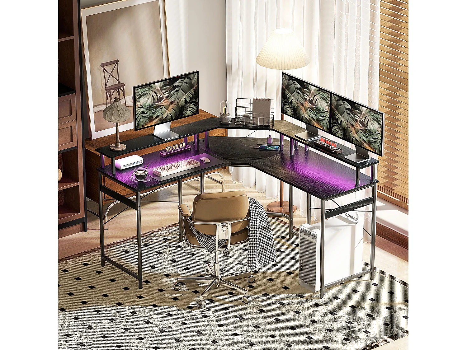 Vevano 138.5cm Black L Shaped Work Desk with Integrated 16 Colour LED Lighting