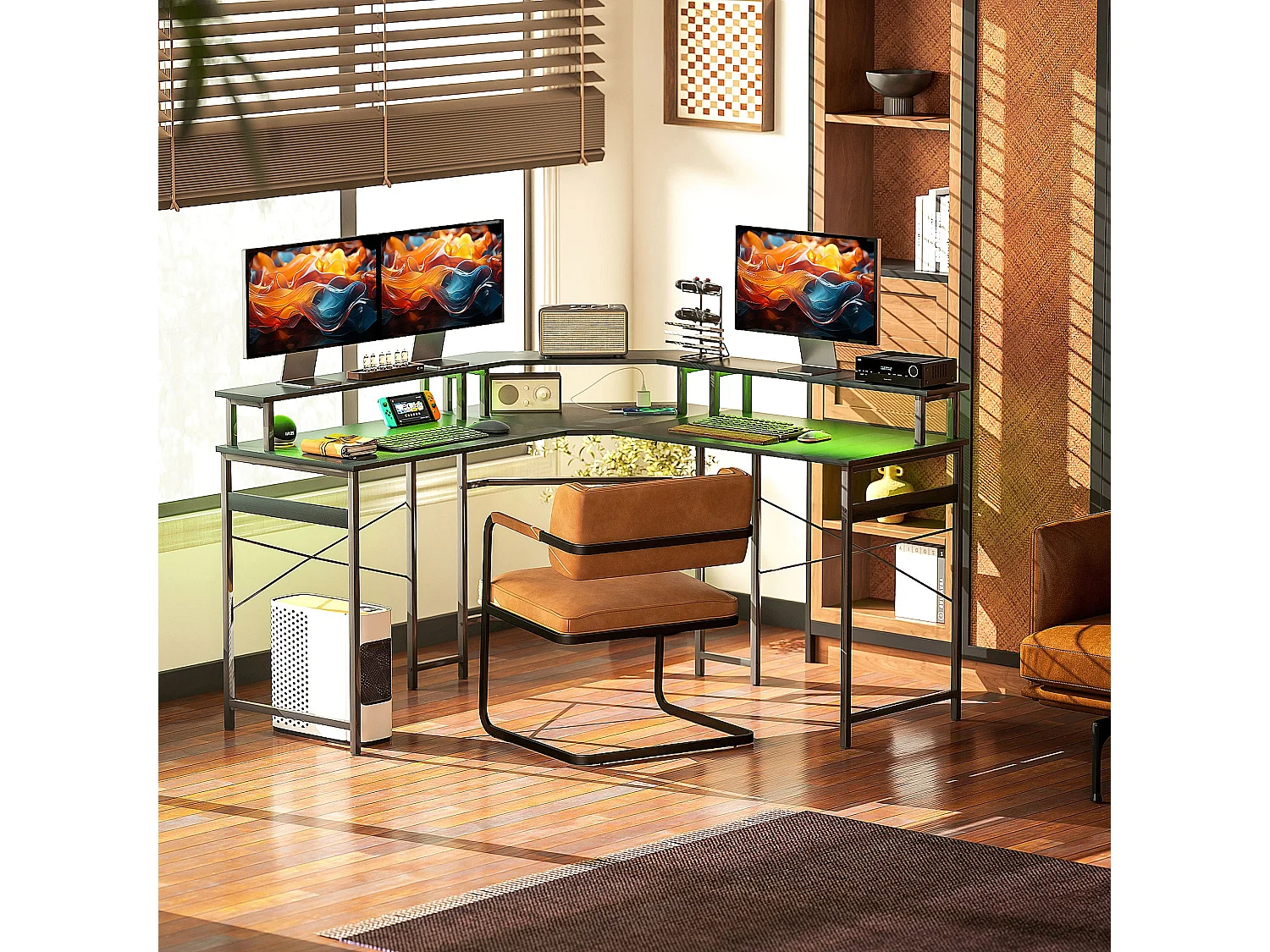 Vevano 138.5cm Black L Shaped Work Desk with Integrated 16 Colour LED Lighting