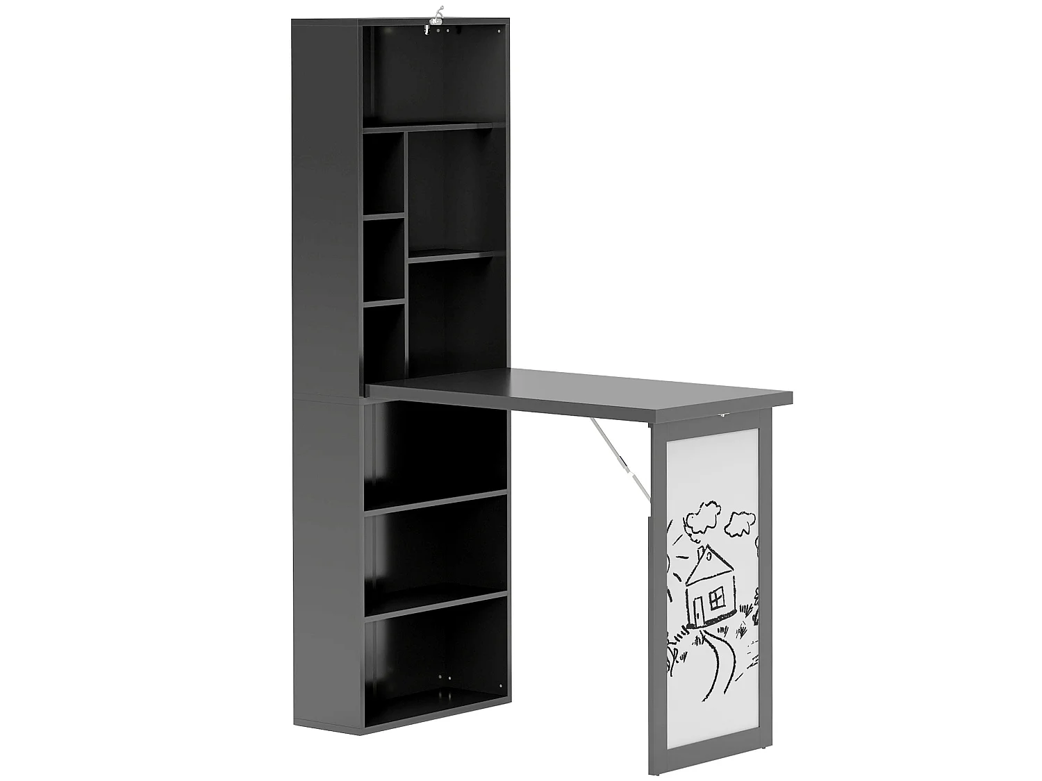 Elrika 98cm Black 3 Section Fold Out Work Desk with Writing Board and Shelves
