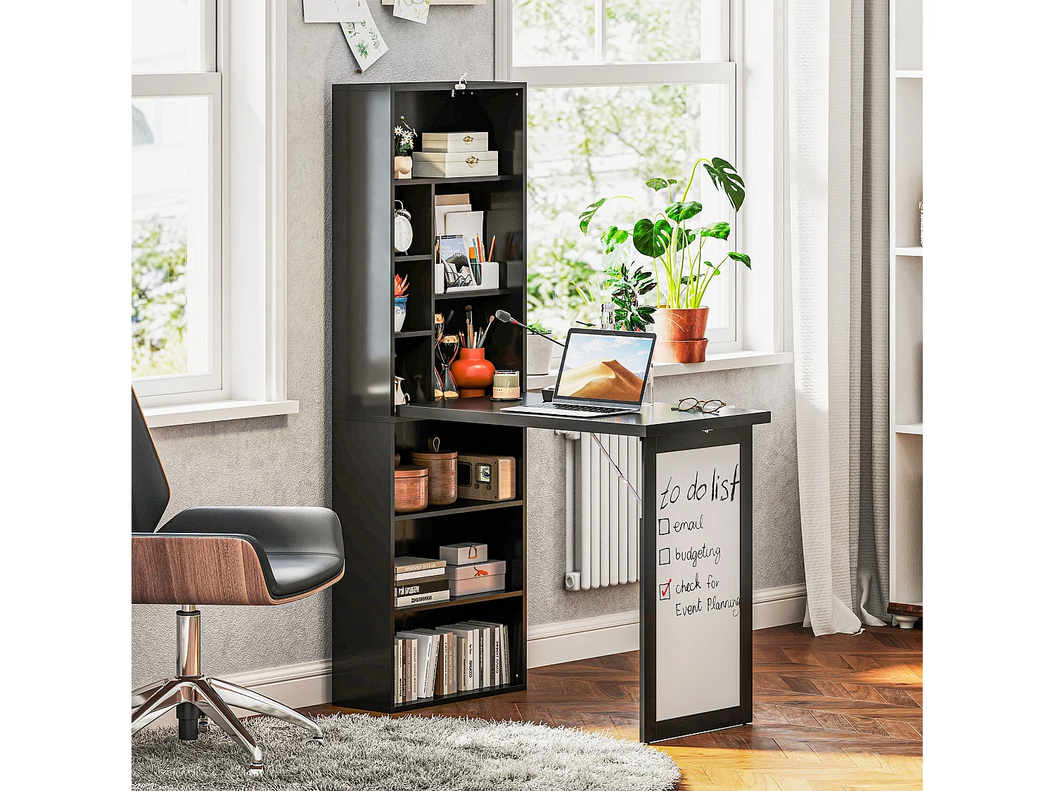 Elrika 98cm Black 3 Section Fold Out Work Desk with Writing Board and Shelves