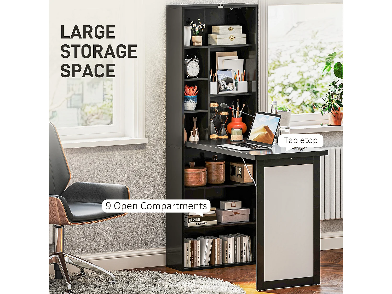 Elrika 98cm Black 3 Section Fold Out Work Desk with Writing Board and Shelves