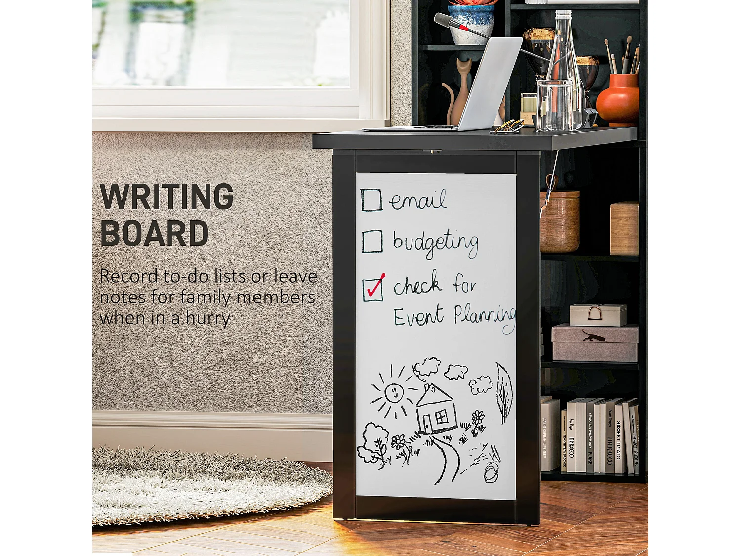 Elrika 98cm Black 3 Section Fold Out Work Desk with Writing Board and Shelves