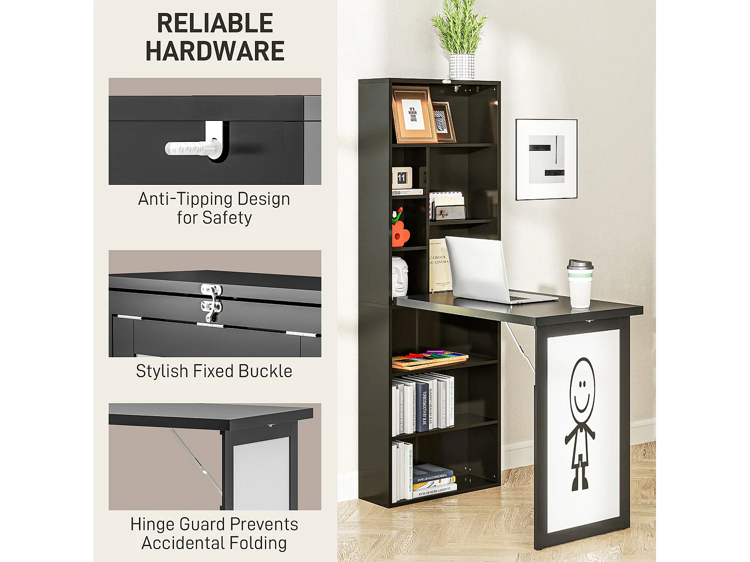 Elrika 98cm Black 3 Section Fold Out Work Desk with Writing Board and Shelves