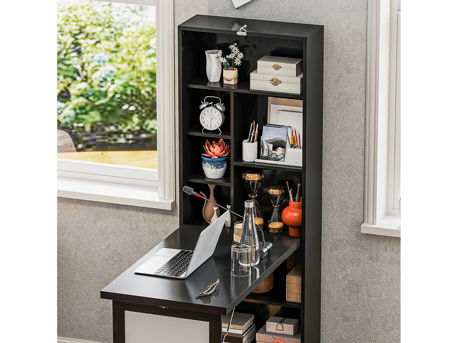 Elrika 98cm Black 3 Section Fold Out Work Desk with Writing Board and Shelves