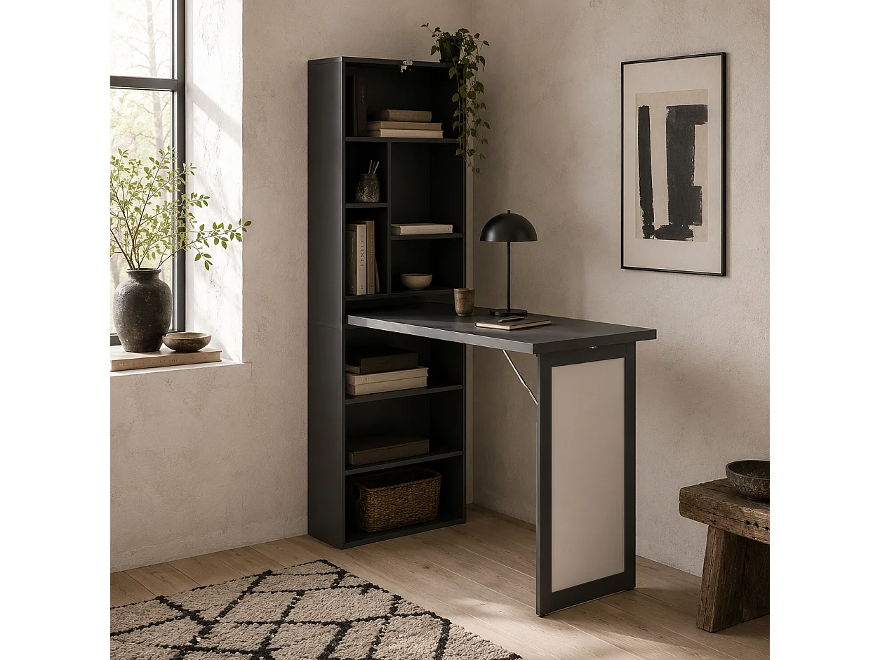 Elrika 98cm Black 3 Section Fold Out Work Desk with Writing Board and Shelves