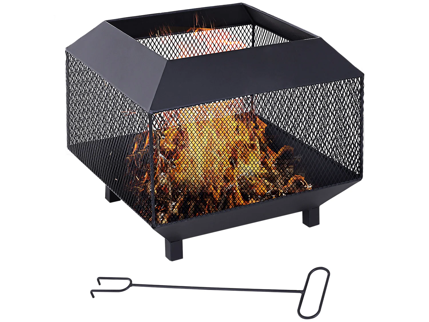 Dita Steel Black Square Fire Pit with Mesh Lid Poker and Log Grate