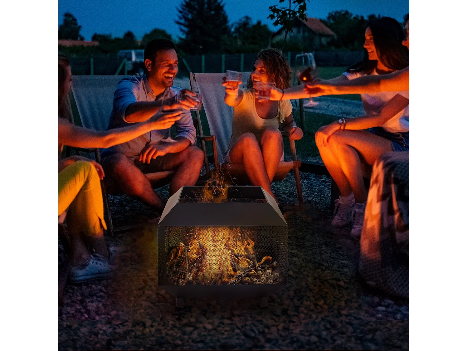 Dita Steel Black Square Fire Pit with Mesh Lid Poker and Log Grate