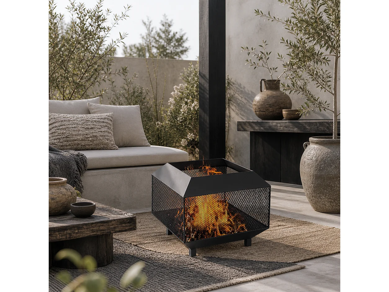 Dita Steel Black Square Fire Pit with Mesh Lid Poker and Log Grate