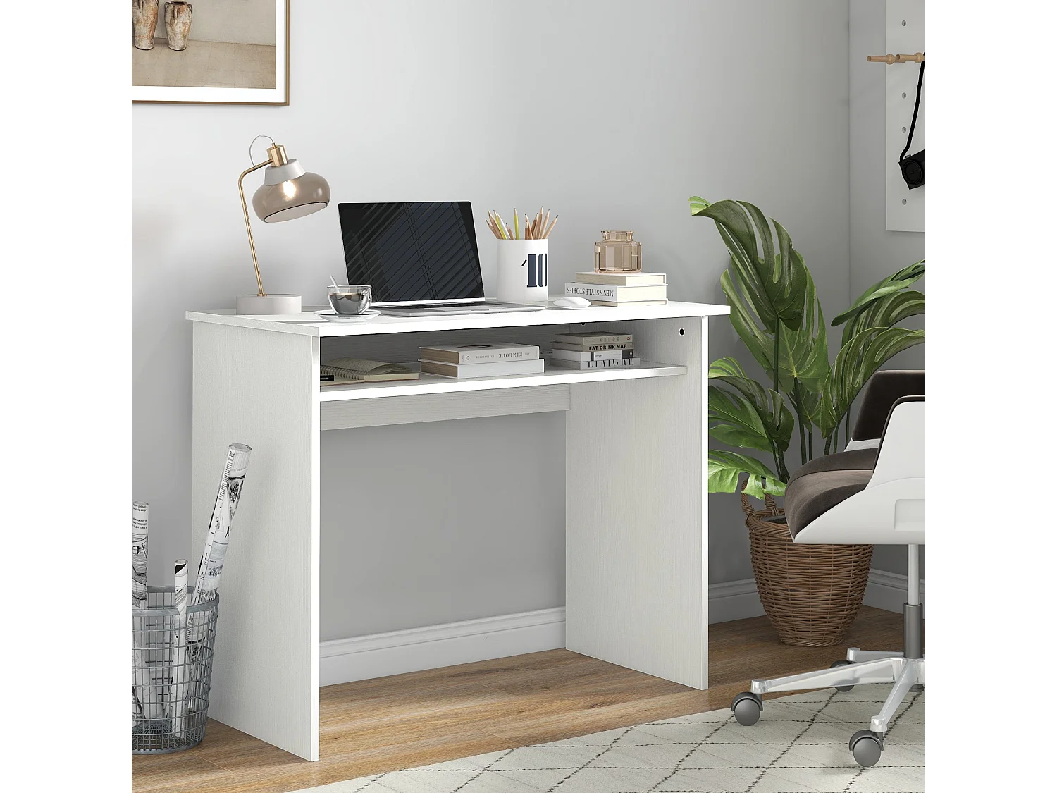 Doha 90cm White Wood Grain Compact Study Desk with Under Desk Shelf
