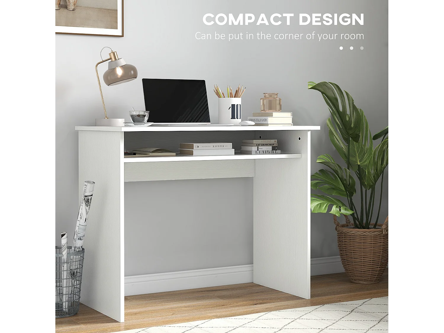 Doha 90cm White Wood Grain Compact Study Desk with Under Desk Shelf
