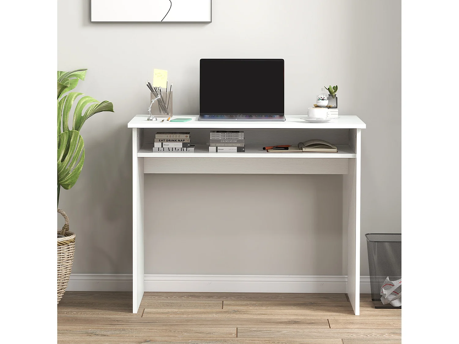 Doha 90cm White Wood Grain Compact Study Desk with Under Desk Shelf