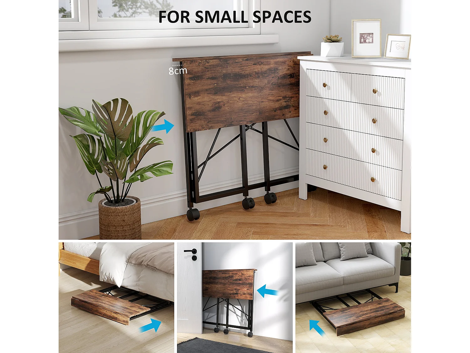Maco 80cm Rustic Brown Folding Desk with Lockable Wheels